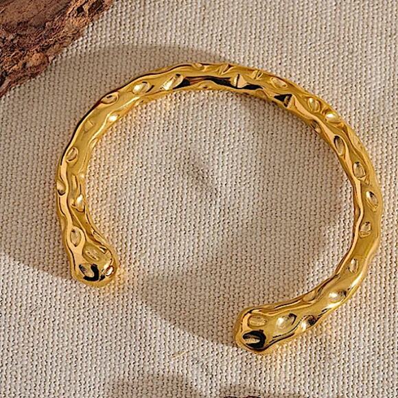 "Hammered Gold Plated Contour Bangle, Unique Stainless Steel Cuff, Trendy - Picture 8 of 12